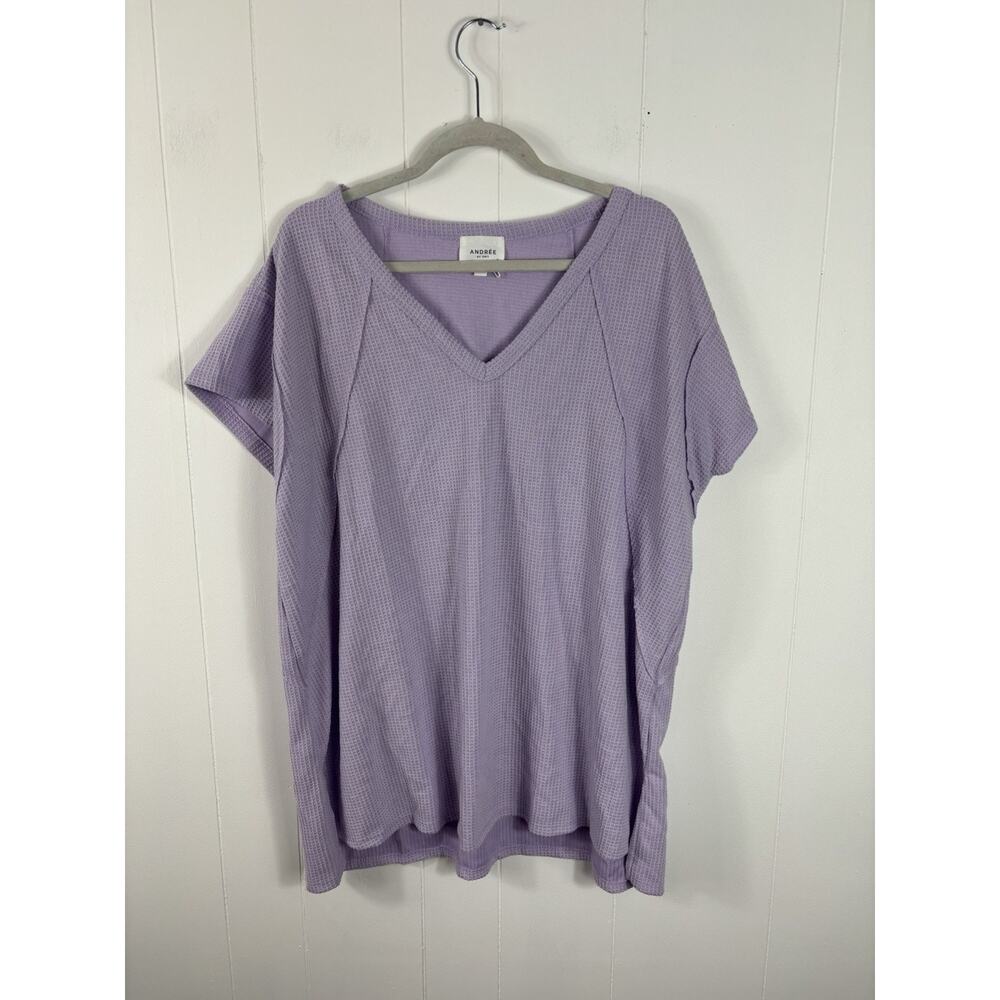andree by unit Lavender Waffle Knit V-Neck Short Sleeve Top Size 2X Relaxed Fit
